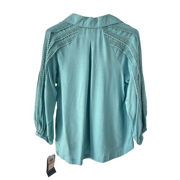 Democracy Shirt Size Small Button Front Lace Sleeve Aqua Blue Career Office NEW - Picture 3 of 8